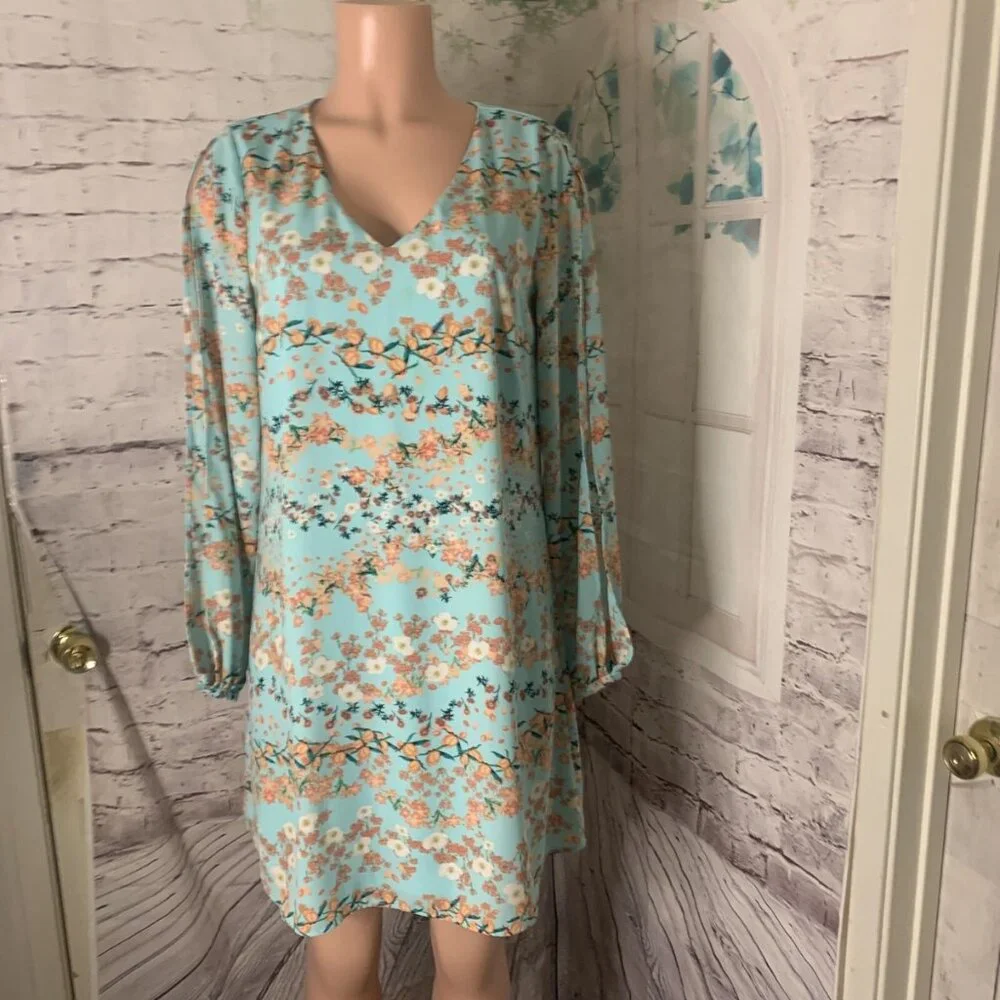 Worthington women's dress, blue, floral, lined, slit, long sleeve, V-neck - Picture 3 of 5